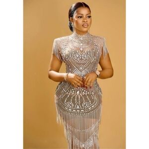 Silver Beaded Bling Crystal Fringe/Tassel Midi Dress